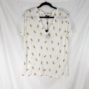 Rails Women’s White Pineapple Print VNeck Linen Blend T-Shirt – XL, Short Sleeve